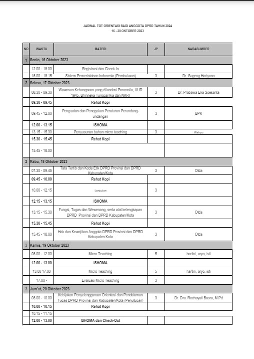 JADWAL TOT ORIENTASI BAGI ANGGOTA DPRD TAHUN 2024 16 - 20 OKTOBER 2023